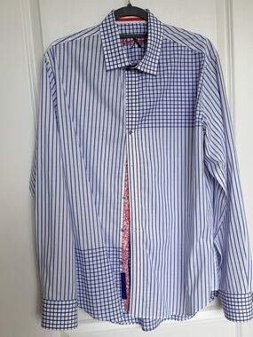 Robert Graham Men’s Blue & White Mixed-Pattern Dress Shirt L EC